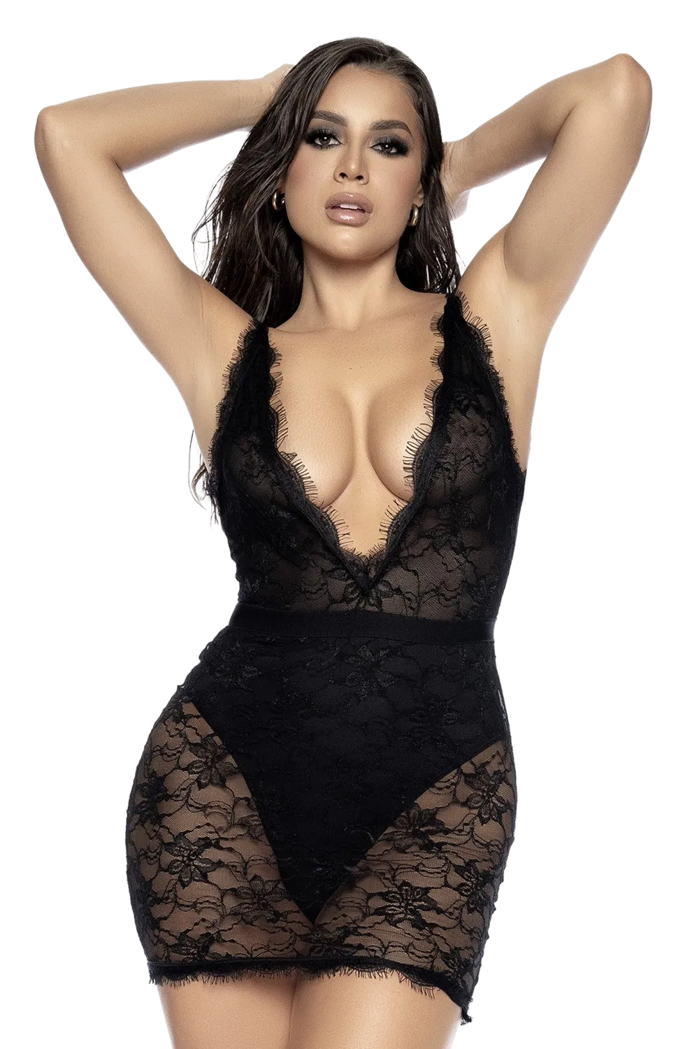 Robe courte en dentelle noire et large décollectée