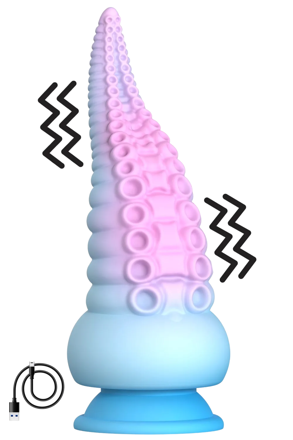 Gode ventouse tentacule Kraken vibrant 18 cm rose et bleu USB
